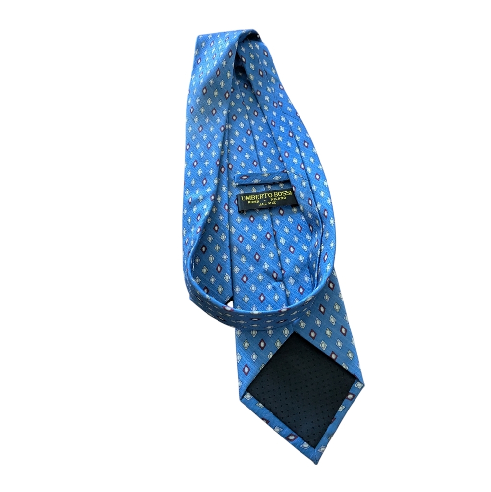 💥SALE💥 VTG Umberto Bossi Blue Silk Men's Tie with Geometric Diamond Pattern - Picture 4 of 7